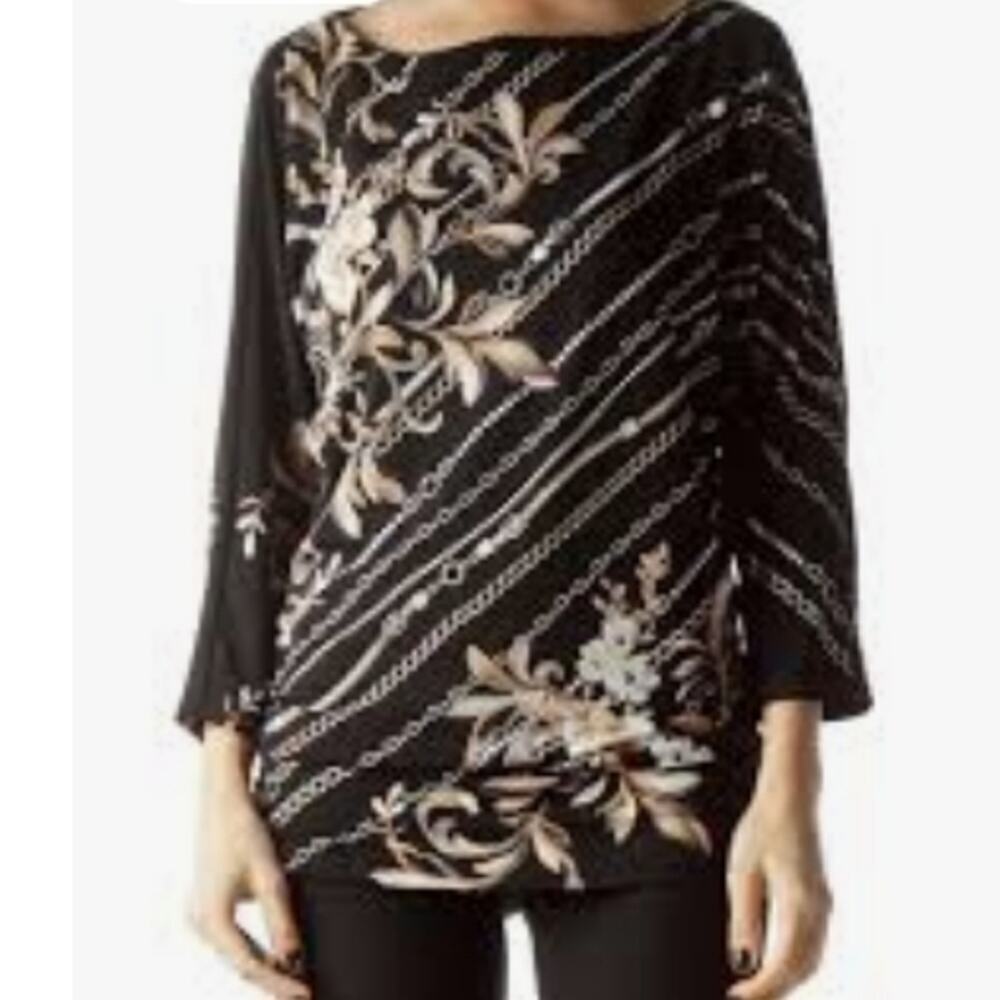 WHITE HOUSE BLACK MARKET HARMONY CHAIN FLORAL BLACK/BROWN BLOUSE SIZE SMALL